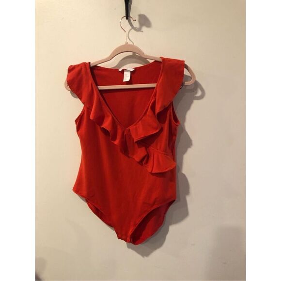 H&M L Ruffled Stretchy Halter V Neck Ruffled Orange Bodysuit - Picture 10 of 10